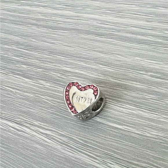 Paved Pink crystals & Silver plated heart MOM bracelet charm - Picture 4 of 5